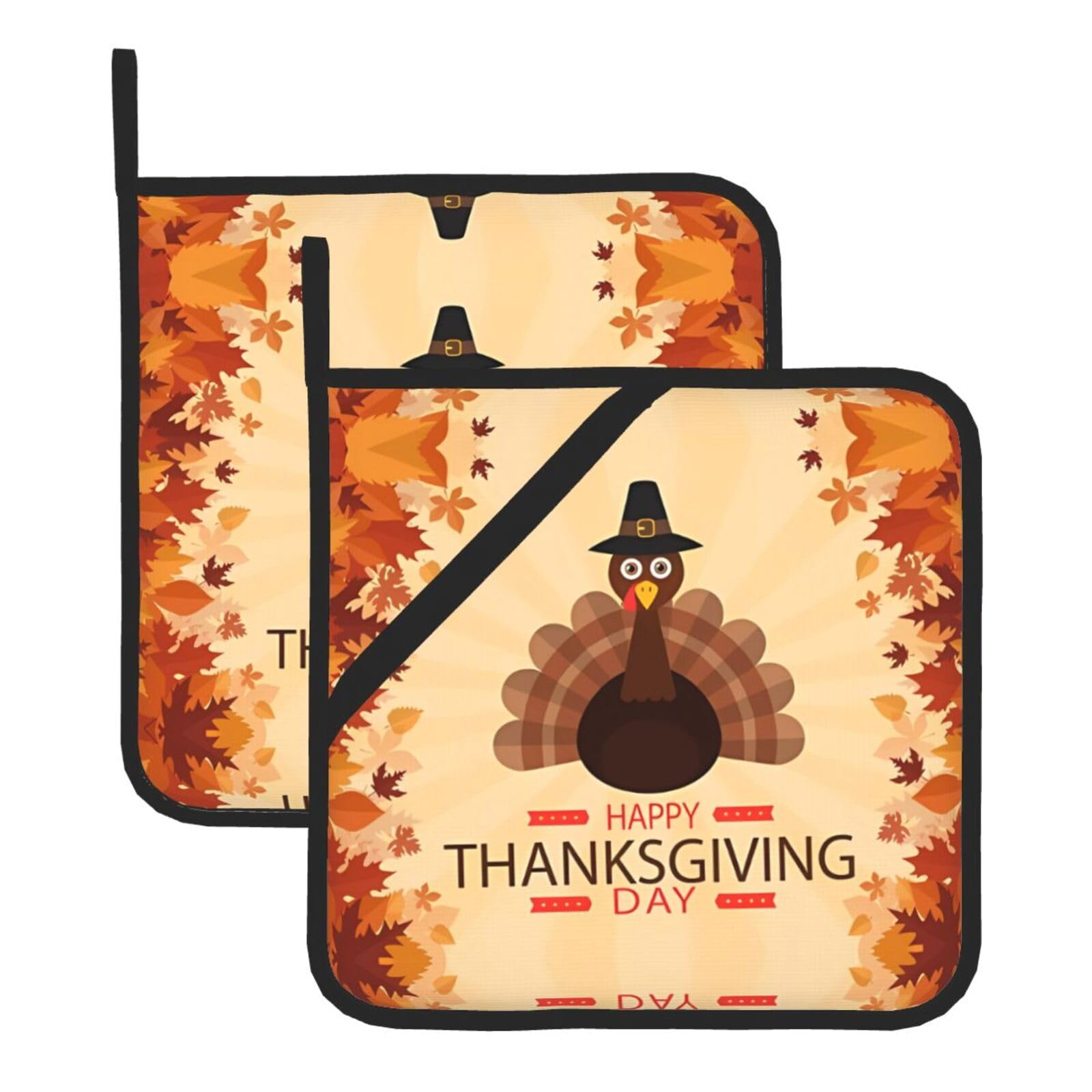 HJFCZH Maple Leaf Dark Brown Turkey Prints Square Hot Pads for Kitchen Counter - Waterproof Pot Holders, Durable Heat Resistant Throw Layers for Serving, Oven & BBQ - 2 Pack