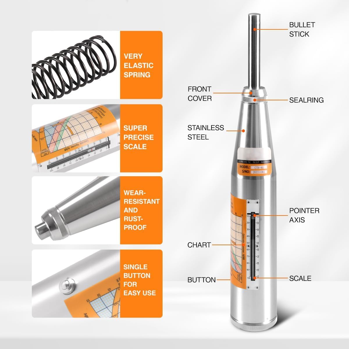 Tester concreto del martello di rimbalzo, tester concreto di forza | con gamma di prova 10-70MPa, strumento meccanico portatile del tester della prova del resiliometro