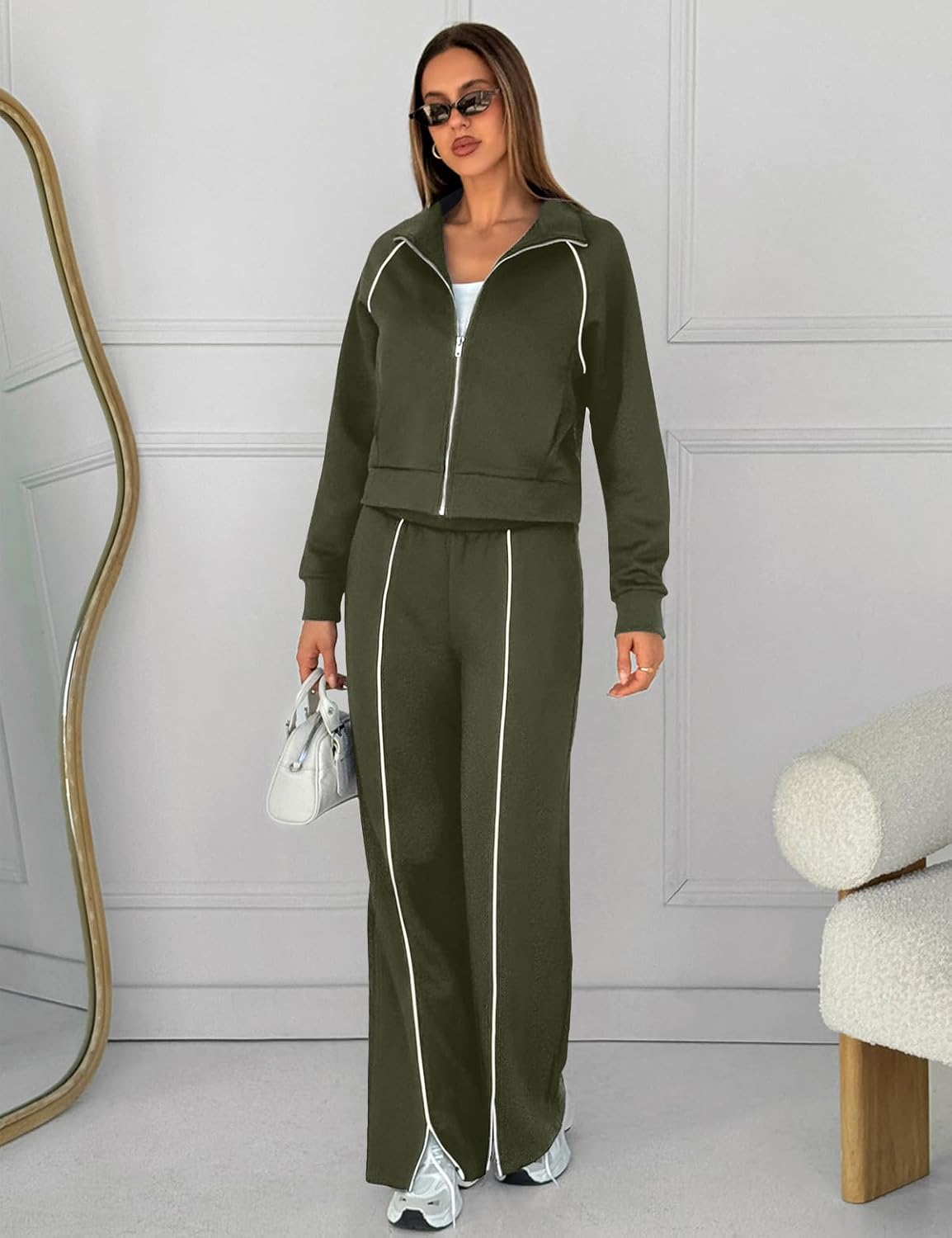 UNIANKIYA Womens 2 Piece Lounge Set Tracksuit Sweatsuits Full Zip Jacket Wide Leg Pants Matching Sets Travel Airport Outfits
