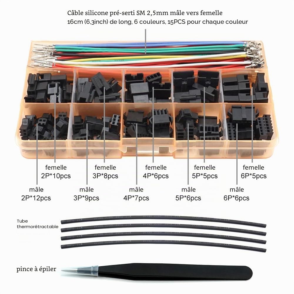 Connecteurs SM 2,5 mm mâle femelle avec câbles en silicone pré-sertis 22 AWG compatibles avec connecteurs JST SM 2,5 mm 2,54 mm pas 2 3 4 5 6 broches