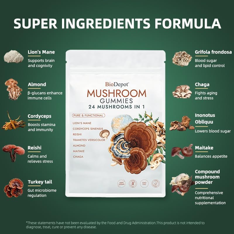 Miniatura 2 de Gomitas de múltiples hongos y suplemento 24 en 1 de apoyo diario, suplemento cerebral nootrópico que aumenta la memoria, la concentración, la