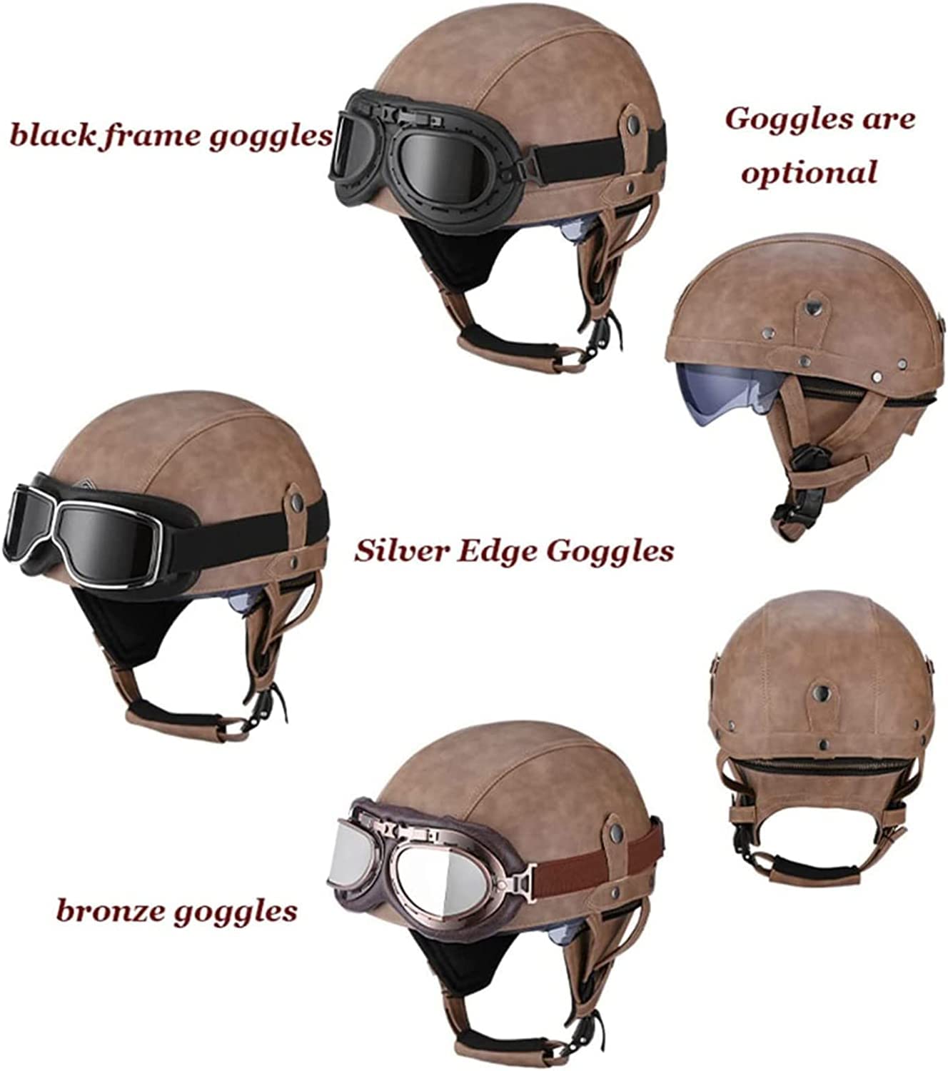VVPEC Casque Moto Jet Cuir Casque Ouvert Moto Avec Lunettes Casque Moto Open Face Vintage Adulte Homme Femme ECEDOT Homologué Pour Street Scooter