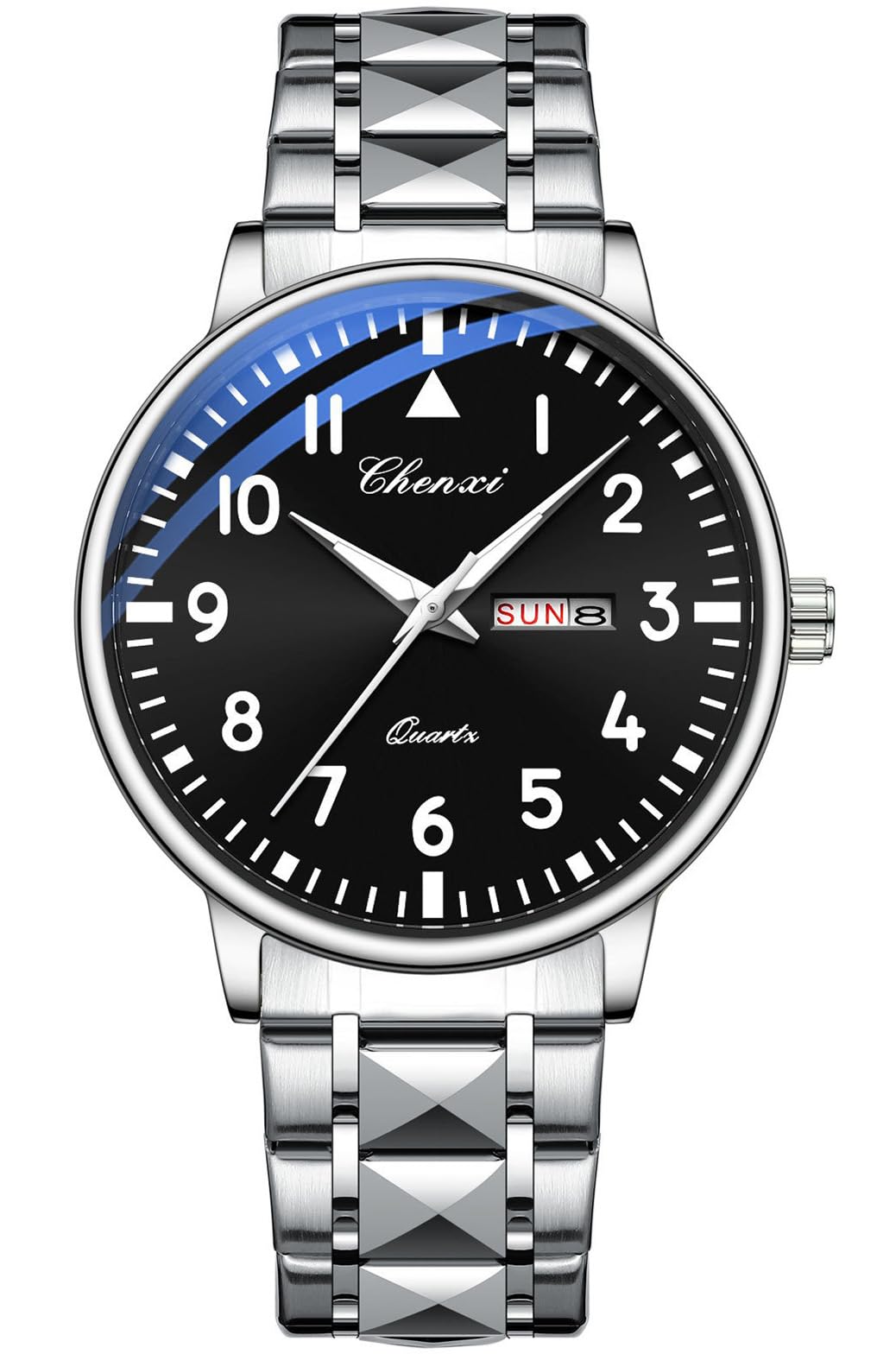 Casual Men's Watches Luminous Large Dial Stainless Steel Waterproof Quartz Watches Diamond Bracelet Military Pilot Watches Black