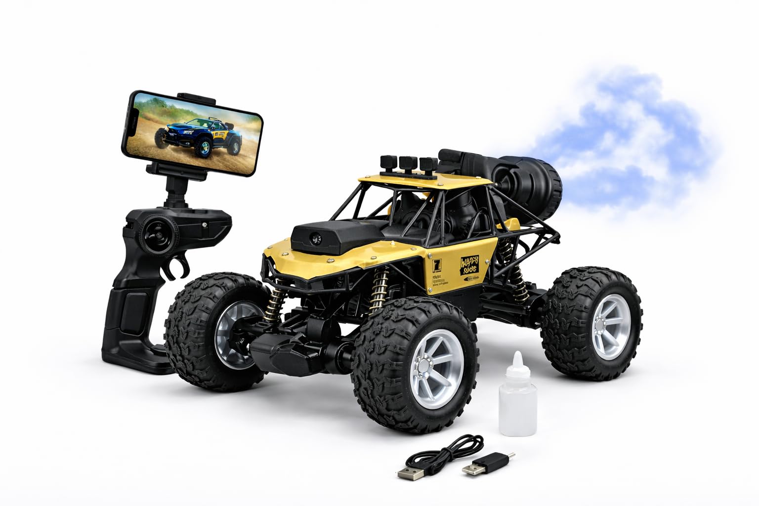TEC TAVAKKAL Rock Crawler with HD Video Camera & Mobile App Control, 60+ Ft Range, Mist Spray Off-Road Truck, Rechargeable with Type-C Port, Shock Absorber All Terrain Toy Car with Gun Remote (Gold)-image-12