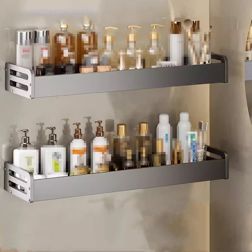 GTFDXJ Space Aluminum Bathroom Shelf Shower Caddy Organizer Shower Shelf Storage Rack Wall Mounted Double Layer 60cm