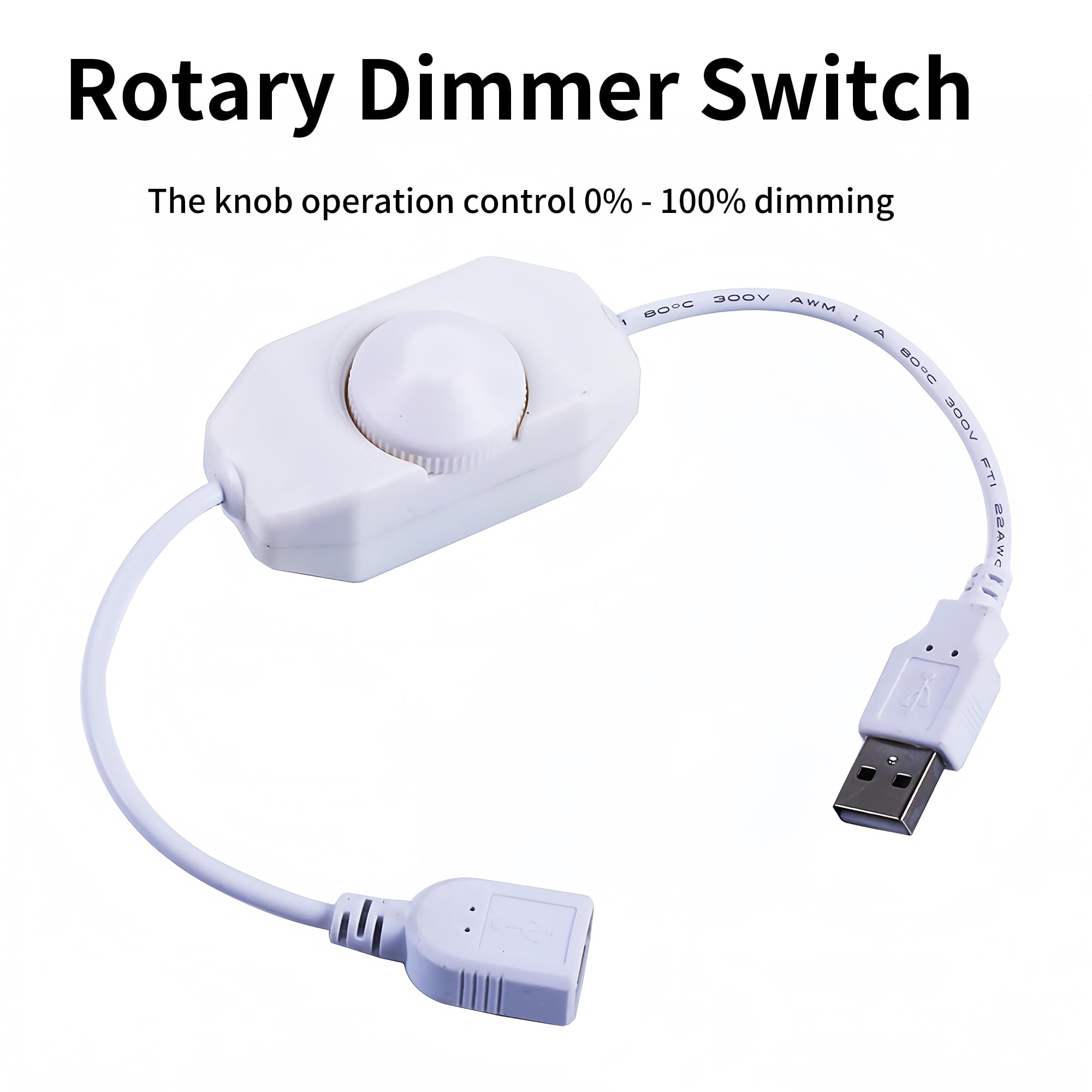 Clearhill 2Packs 5V USB Rotary Dimmer Switch with USB Male and Female Connectors(White),Brightness Adjustable Controller,Manual Knob Dimmer Switch for 5V LED Strips Lights - Image 3