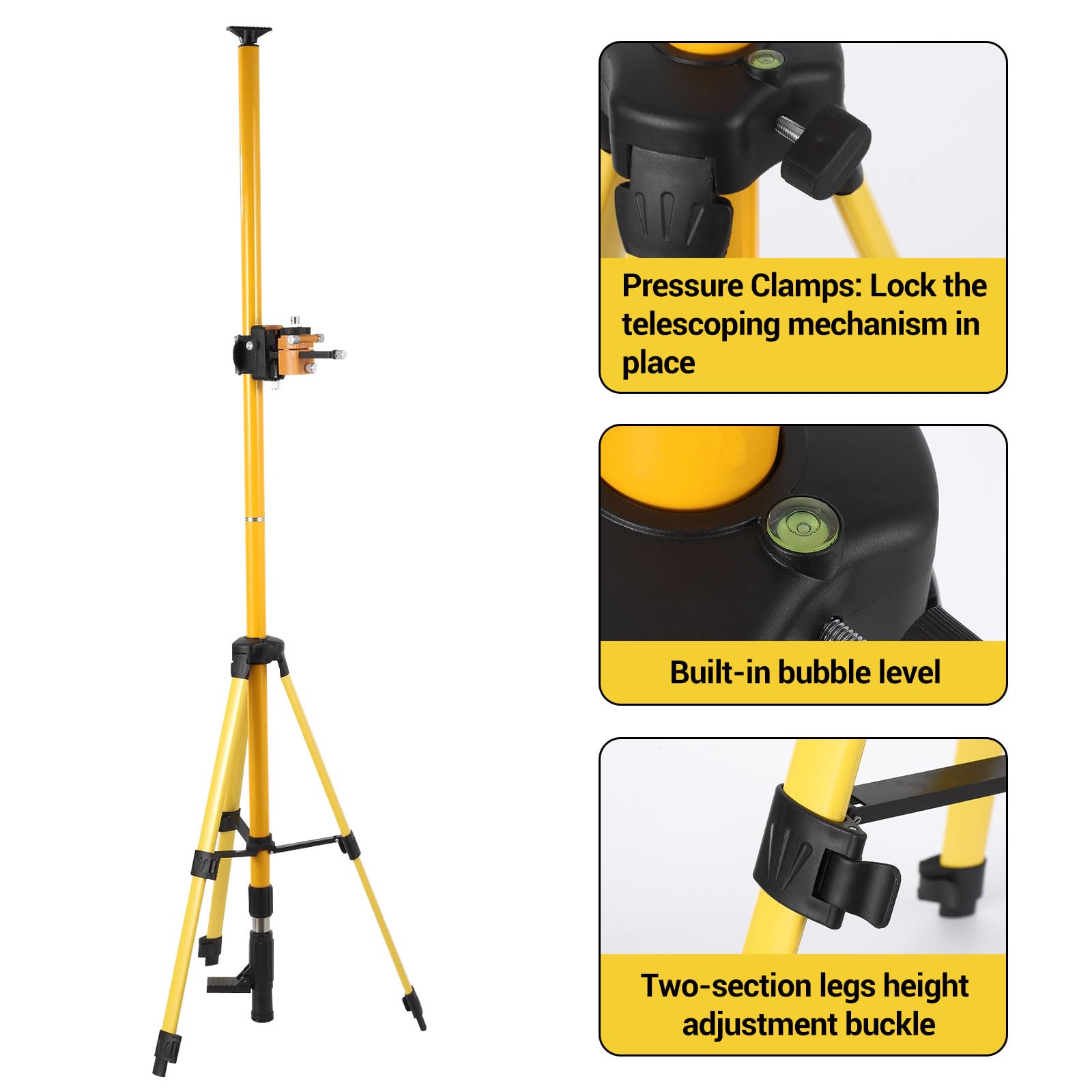 Garvee Trépied professionnel pour niveau laser – Barre horizontale et mât télescopique 3,7 m, hauteur réglable 19-33'', adaptateurs 1/4"-20 & 5/8"-11, aluminium robuste, pieds antidérapants – Montage