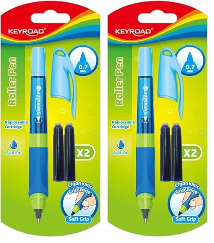 Keyroad SMOOZZY WRITER Stylo roller ergonomique 0,7 mm/encre bleue incluse 2 cartouches d'encre bleue/poignée en caoutchouc antidérapant/couleurs mélangées, Assorties (Bleu/Rose) (Lot de 2)