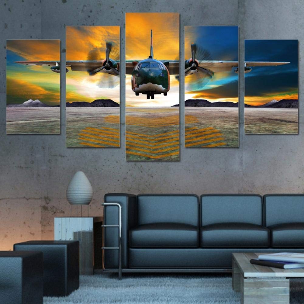 YFFSUN HD Prints Posters Canvas Living Room Home Decor 5 Pieces Airplane Fly Sunset Paintings Jet Aircraft Pictures Wall Art
