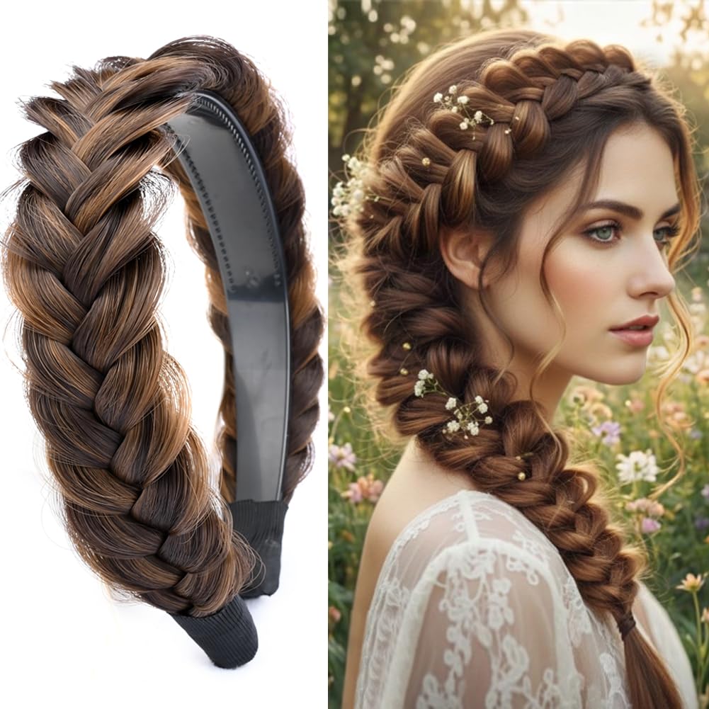 DIGUAN Wide Messy Braided Headband With Teeth Synthetic Hair Plaited Headband High Elasticity Braids Chunky Fishtail Braided Hair Band Hairpiece for