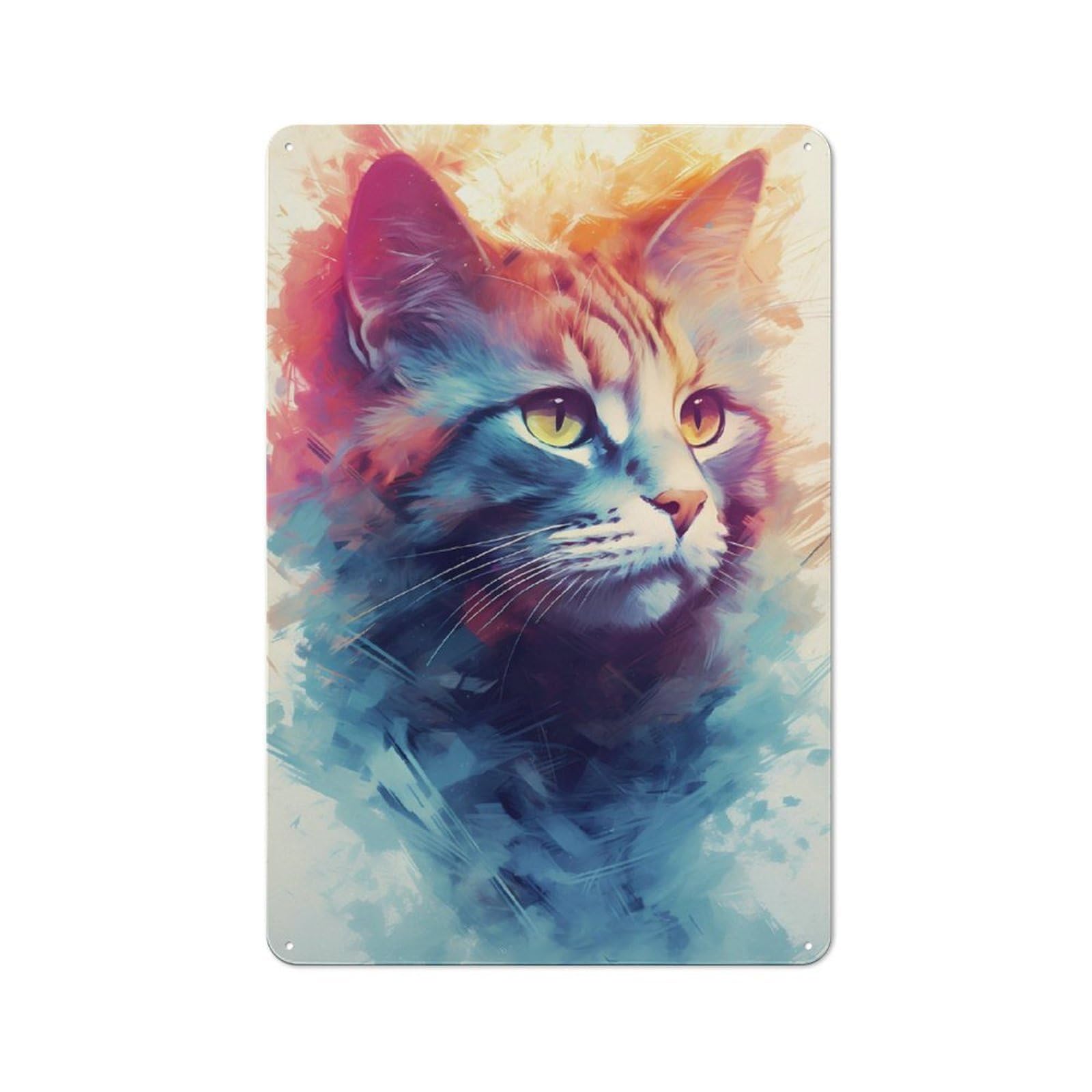 Junmoney Cat Watercolor Tin Sign 30X20cm For Garage Wall, Retro-Style Wall Decor, For Vintage Wall Decor Fans, For Metal Sign Collectors