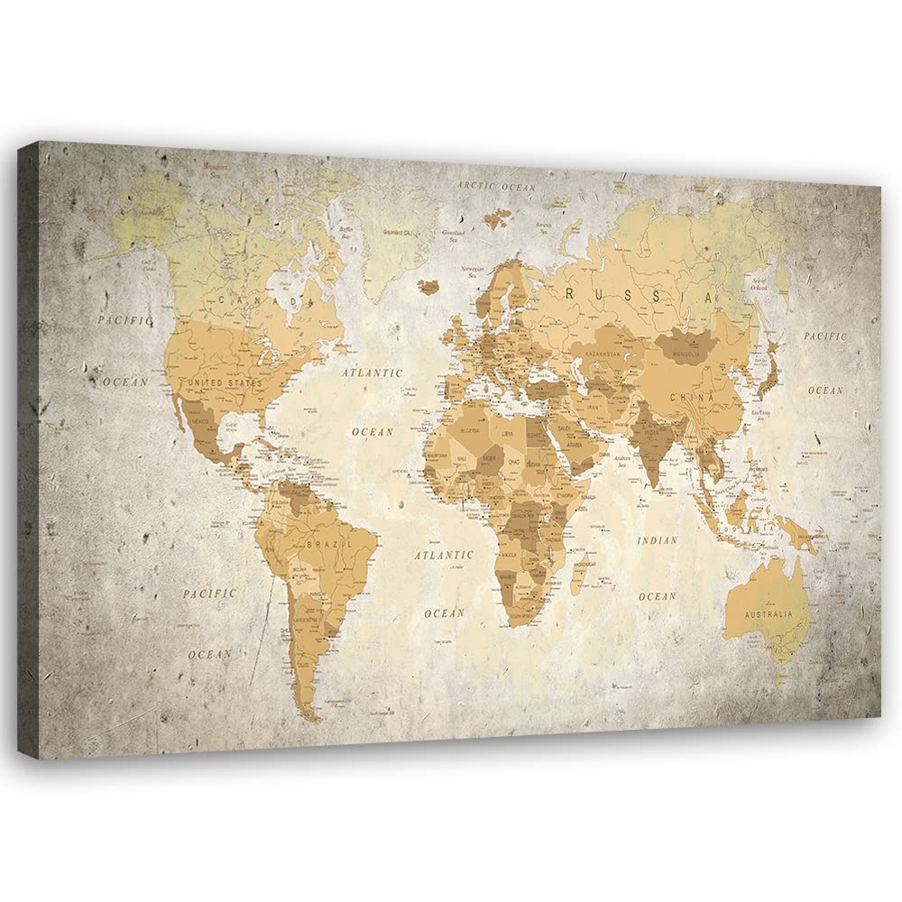 Feeby Quadro Tela Non Tessuta Continenti Mappa politica del mondo Geografia 120x80 cm d' Arte Moderna Decorazione Murale Estetica Oceani Mappa di contorno Astrazione beige