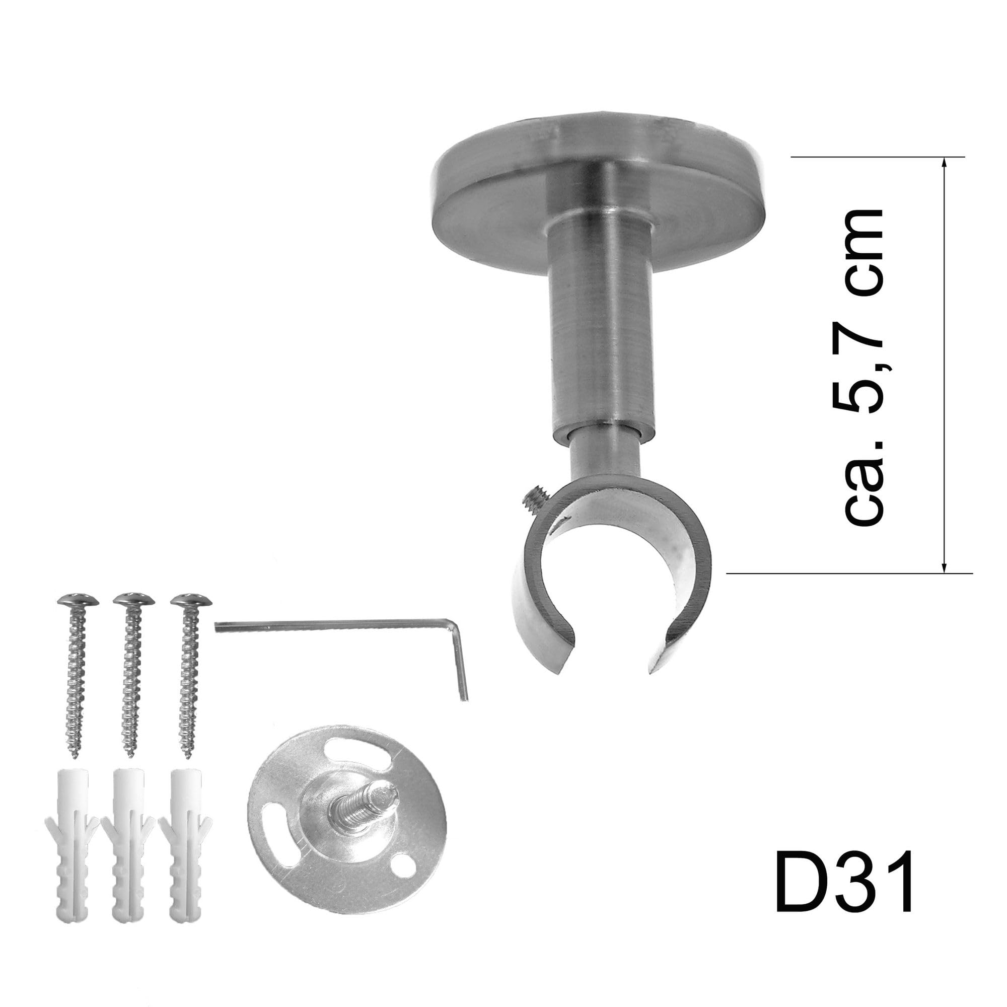 BASIT Gardinenstange Edelstahllook 20mm 1-läufig Decke 280cm lang D31 | Gardinenstangenset einläufig Deckenmontage Metall Vorhangstange Deckenhalterung 120-600cm wählbar Kappe E30