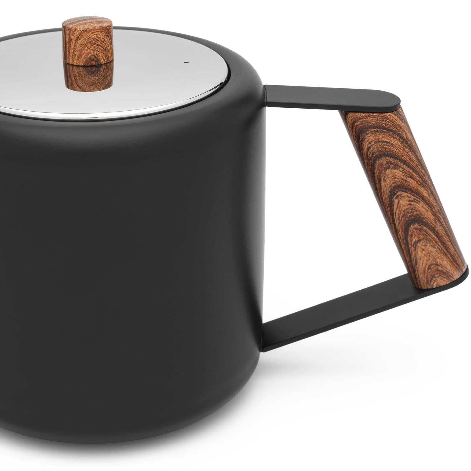 Bredemeijer Teekanne Set 1.1 Liter - Edelstahl doppelwandig Schwarz - Großer moderner Teebereiter mit Tee-Filter-Sieb-Aufsatz für losen Tee - inkl. Holz-Untersetzer schwarz