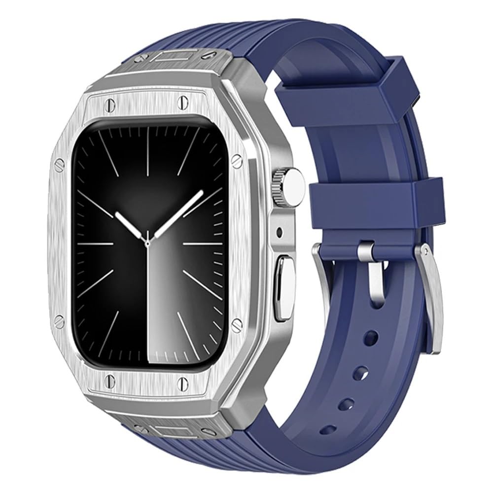 AMAUPCKCA Luxury Metal Modification Kit For Apple Watch Series 9 8 7 45mm 6 5 4 SE 44mm Rubber Band IWatch Refit Mod Kit Bezel Case Band(Navy Blue Silver,45mm)