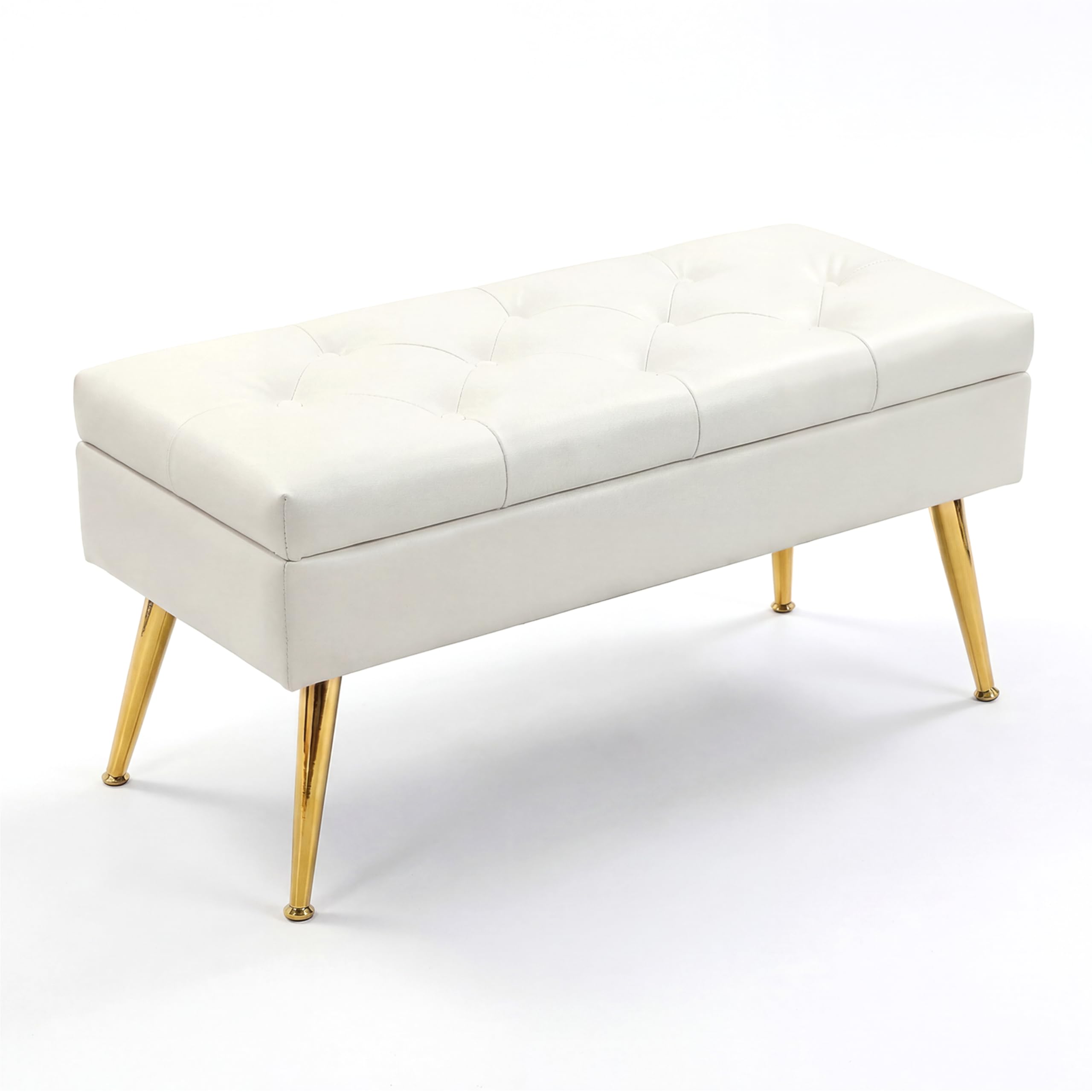 snowdrop 31.5" storage bench – ivory white upholstered end of bed bench with gold metal legs, elegant faux leather ottoman for bedroom, entryway, wardrobe & living room