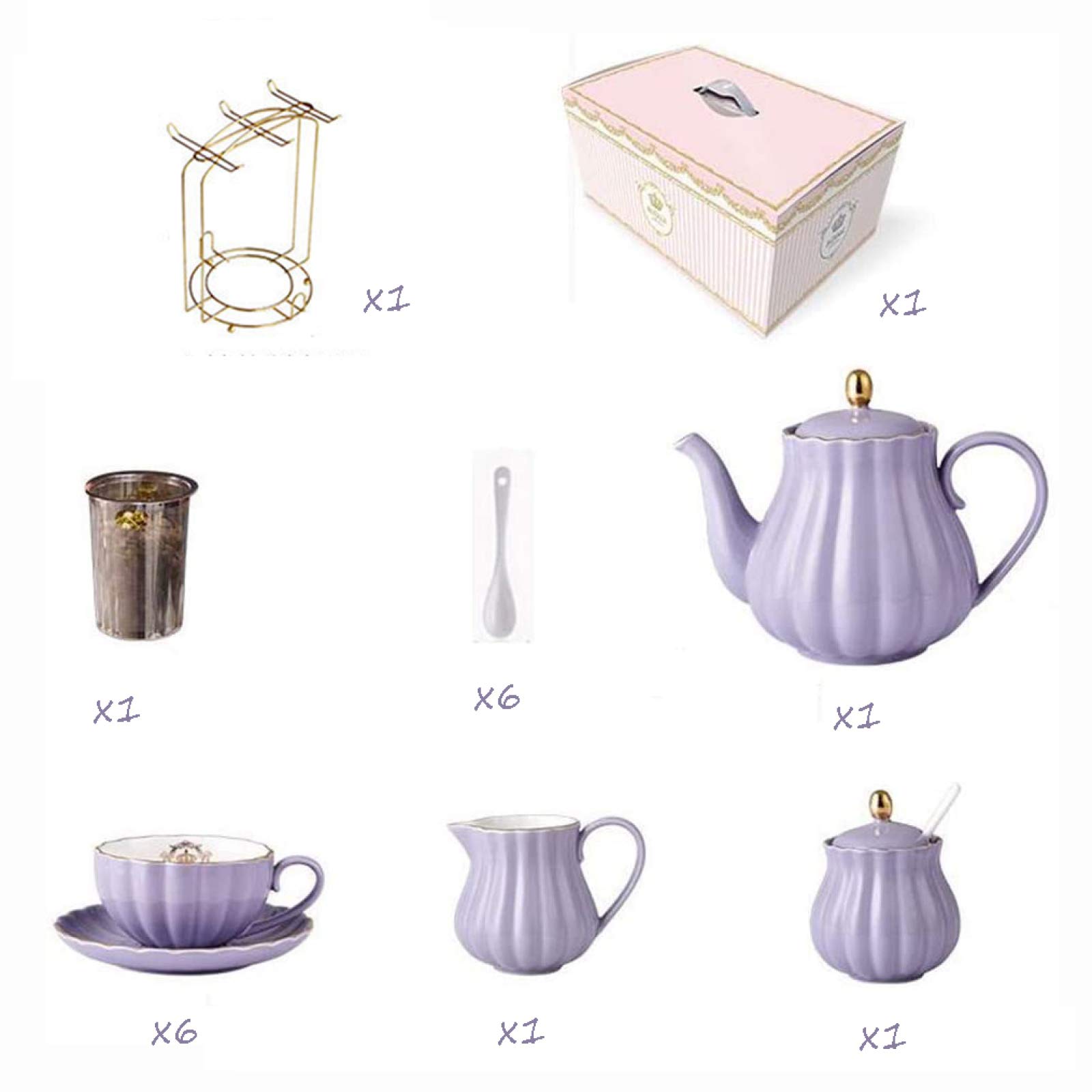 Set regalo per tè e caffè in ceramica da 22 pezzi Set da tè in porcellana serie teiera viola zuccheriera e cucchiaini da tè decorazione
