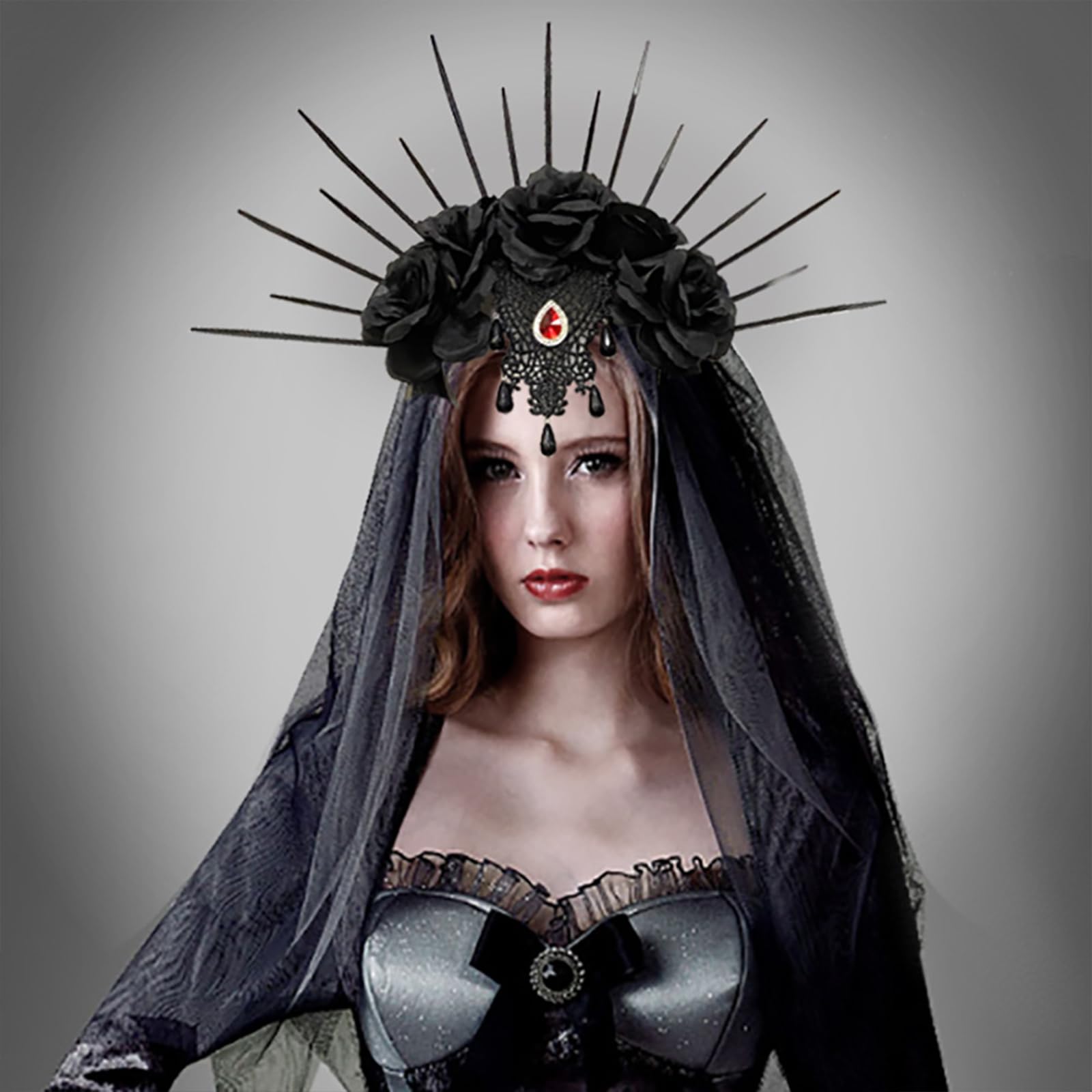 2Pz Velo Nero Sposa Cadavere Cerchietto Capelli Halloween Copricapo Rosa Nera Guanti Pizzo Senza Dita Lunghi Accessori Travestimento Costume Carnevale Mascherata Cosplay Gotico Donna Gadget