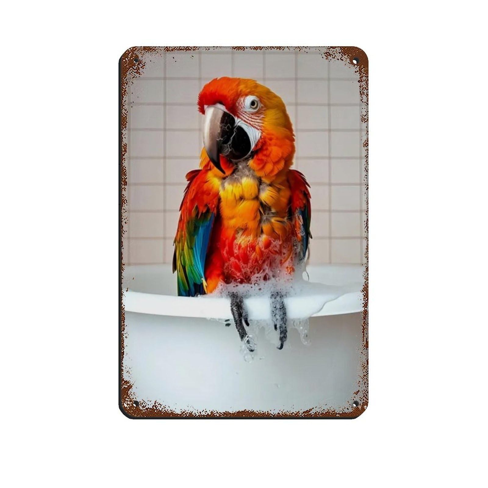 Parrot in The Bathtub, Funny Bathroom Art Retro Poster Metal Tin Sign Chic Art Retro Iron Painting Bar People Cave Cafe Family Garage Poster Wall Decoration 8x12inch(20x30cm)