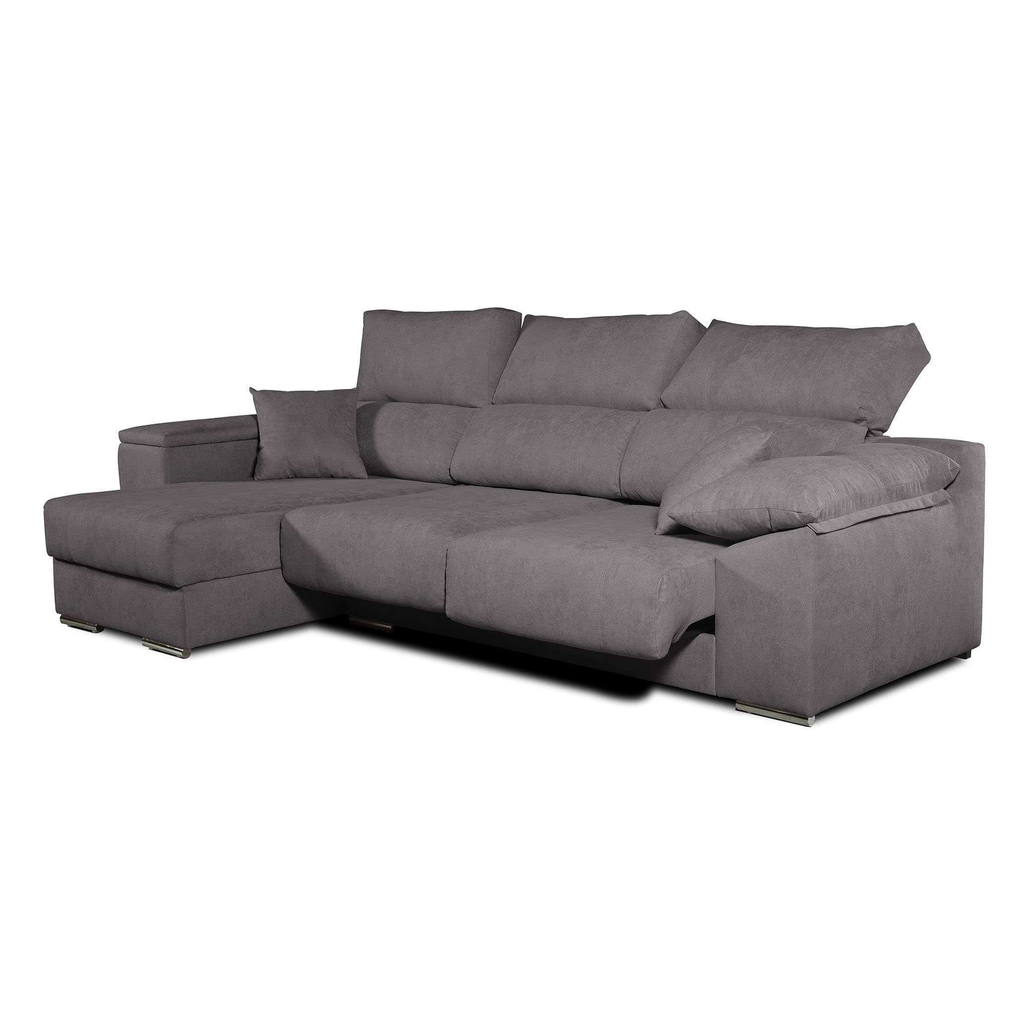 Tanuk Sofá Chaise Longue LODURR Izquierda 4 Plazas Gris Marengo 294x160 CM. Asientos Extensibles. Desenfundable. Tejido con Sistema ACUALINE