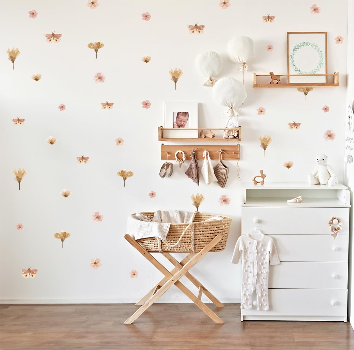 Adesivo da parete per cameretta dei bambini - Adesivo da parete per cameretta dei bambini - Non tossico, sicuro, potente - 46 pezzi adesivi, fiori boho - rosa, marrone, cipria, beige