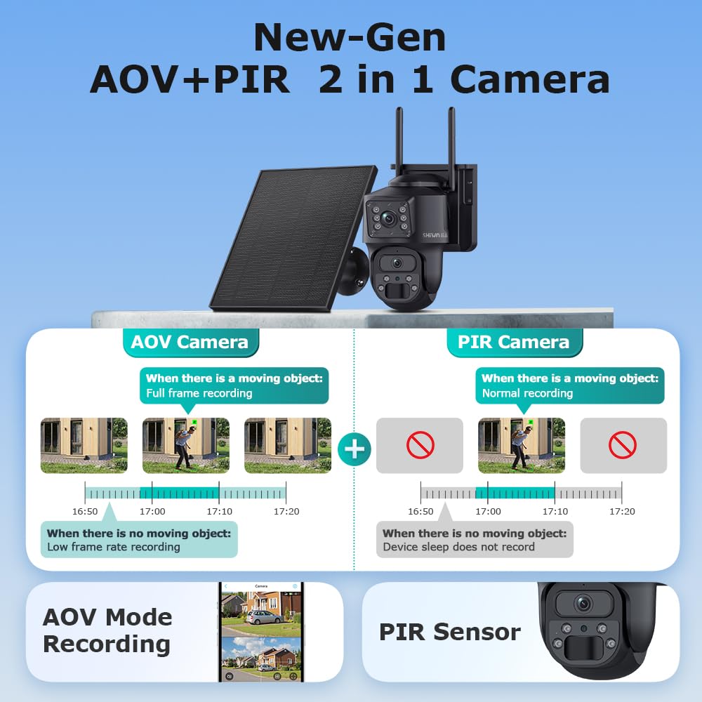 SHIWOJIA 24/7 Registrazione AOV Telecamera 4G da Esterno, Doppio Obiettivo, Allarmi PIR, Auto Tracking, Audio Bidirezionale, Tracciamento Automatico, IP66