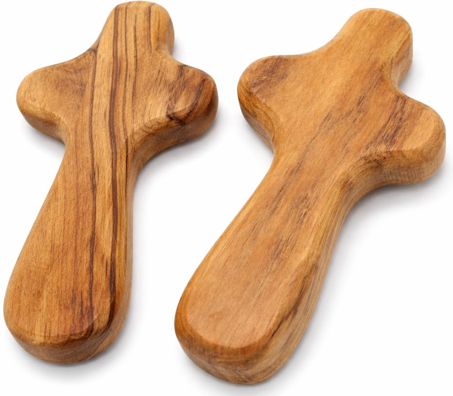 Zuluf Two Small Olive Wood Crosses Pocket Holding Comfort Crosses | Handheld Comforting Design for Clutching, Clinging and With Two Holy Land Certificates 6cm / 2.5 Inch Each Cross - CRS094