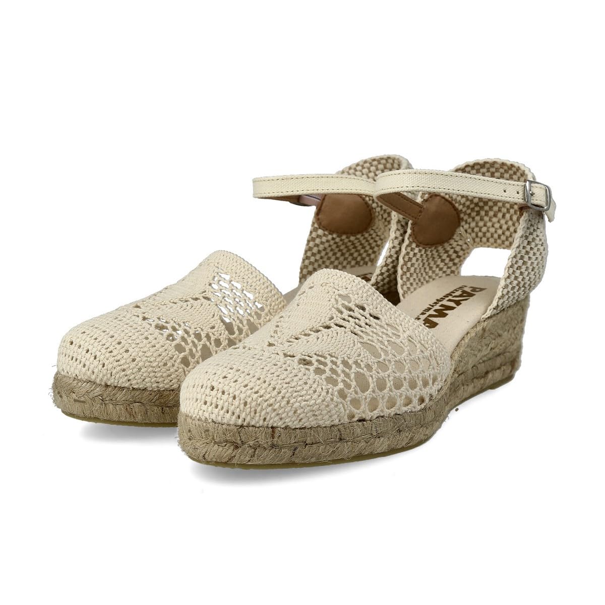 Damen Jute Gehäkelte Keilsandalen. Schuhe aus Spanien. Wedges Espadrilles mit Niedrigem Hacke. Innenpflanze mit Stoff Gepolstert. Knöchelschnalle und Knöchelriemen