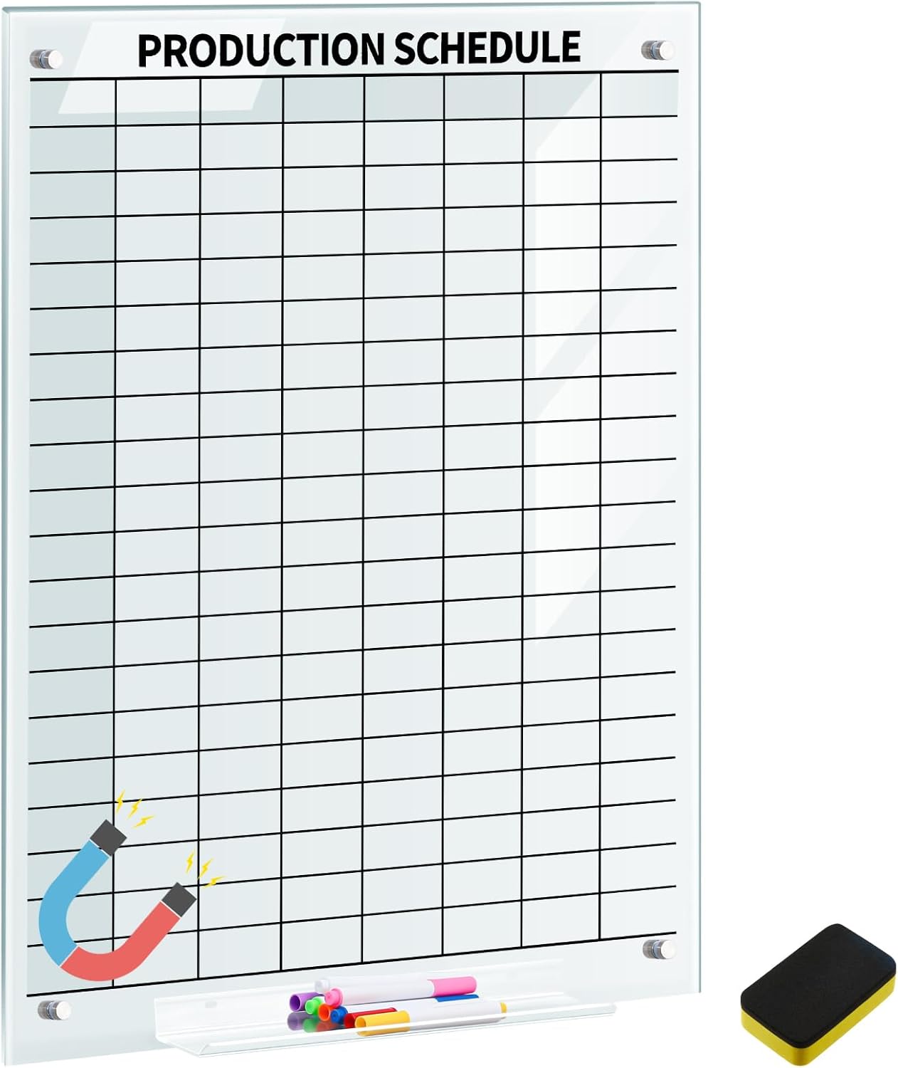 Lincia Glass Magnetic Whiteboard Schedule Board, 24" x 18" Frameless Dry Erase Board with Production Schedule Grid, Glass Writing Whiteboard Kit with 8 Color Markers & Eraser for Office, Home Planning