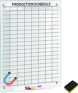 Lincia Magnetic Glass Whiteboard Schedule 24" x 18" Dry Erase Production Lines Schedule Board with Grid for Wall Weekly Office Teams Project Home Make Ready Property Management, 8 Color Markers&eraser