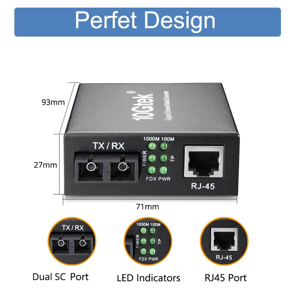 2 sztuki, Gigabit SC na RJ45, konwerter światłowodowy 10/100/1000 Mbit/s RJ45 do 1000 Mbit/s Multimode Fiber Dual SC, MMF, 850 nm, do 550 m, automatyczna negocjacja