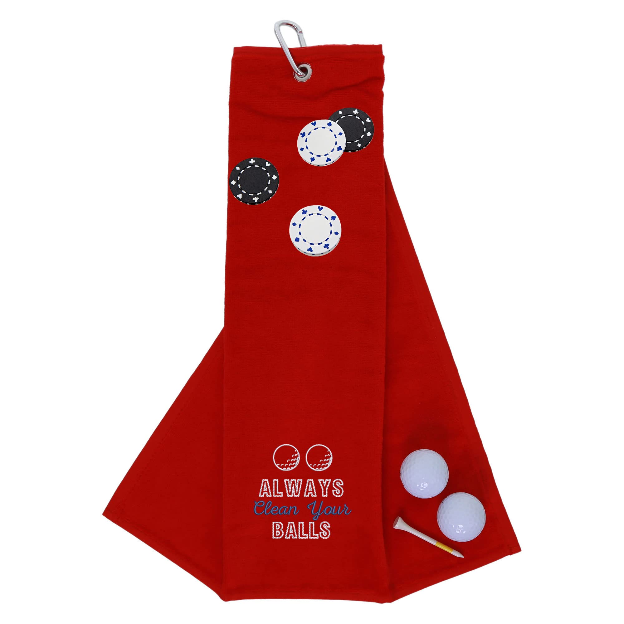 Funny Trifold Golf Towel and Poker Chip Marker Set Gift for Men, Carabiner Clip for Golf Bags, Clean Your Balls, Red