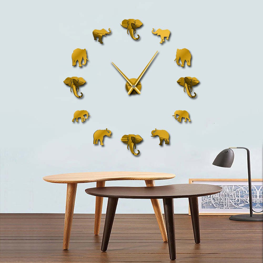 VCS Jungle Animals Elephant DIY Large Wall Clock Home Decor Modern Design Mirror Effect Giant Frameless Elephants DIY Clock Watch (Gold、47inch)