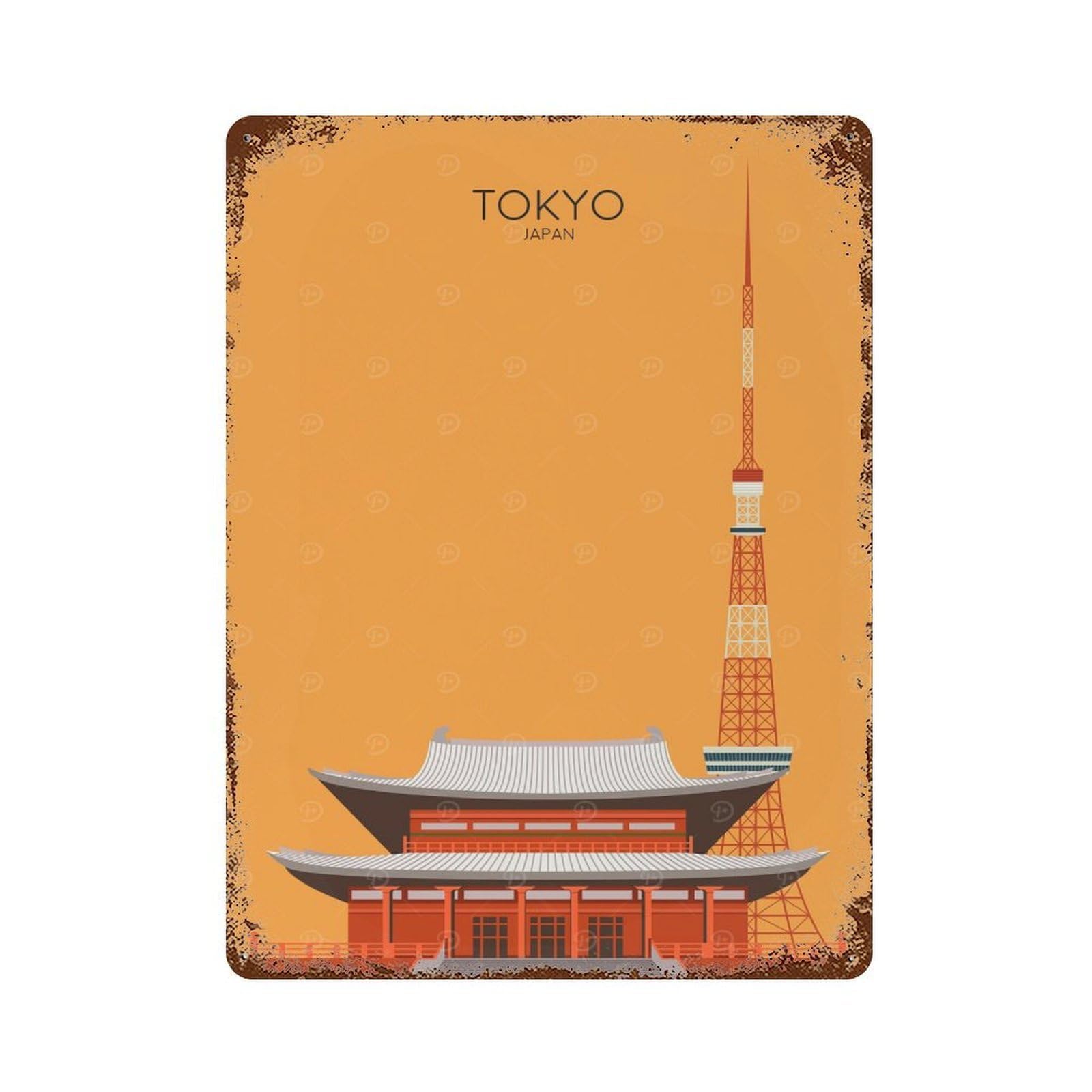 Tokyo Travel Snippet Rust Effect Tin Sign 15.7"x11.8", Industrial Home Decor for Bistro, Counter And Cafe Decor