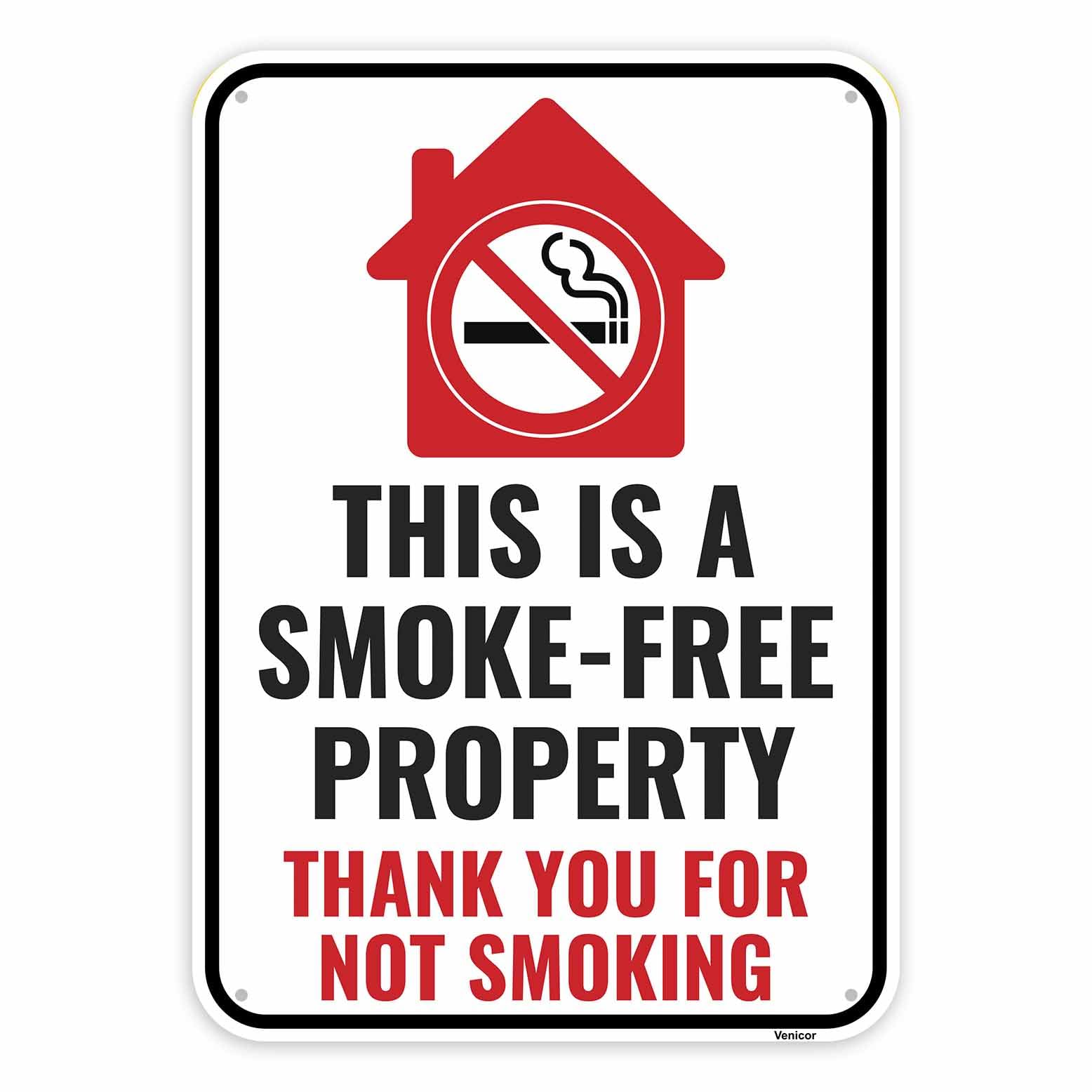 Smoke Free Property Aluminum Sign, No Smoking On Premises Notice, 12x8 Inch