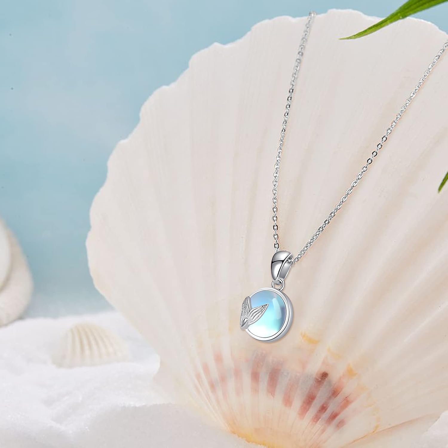 JFASHOP Moonstone Necklace for Women 925 Sterling Rainbow Synthetic Moonstone Fishtail Pendant Necklace Moonstone Jewellery Thanksgiving Gifts Valentines for Girls Kids - Image 5