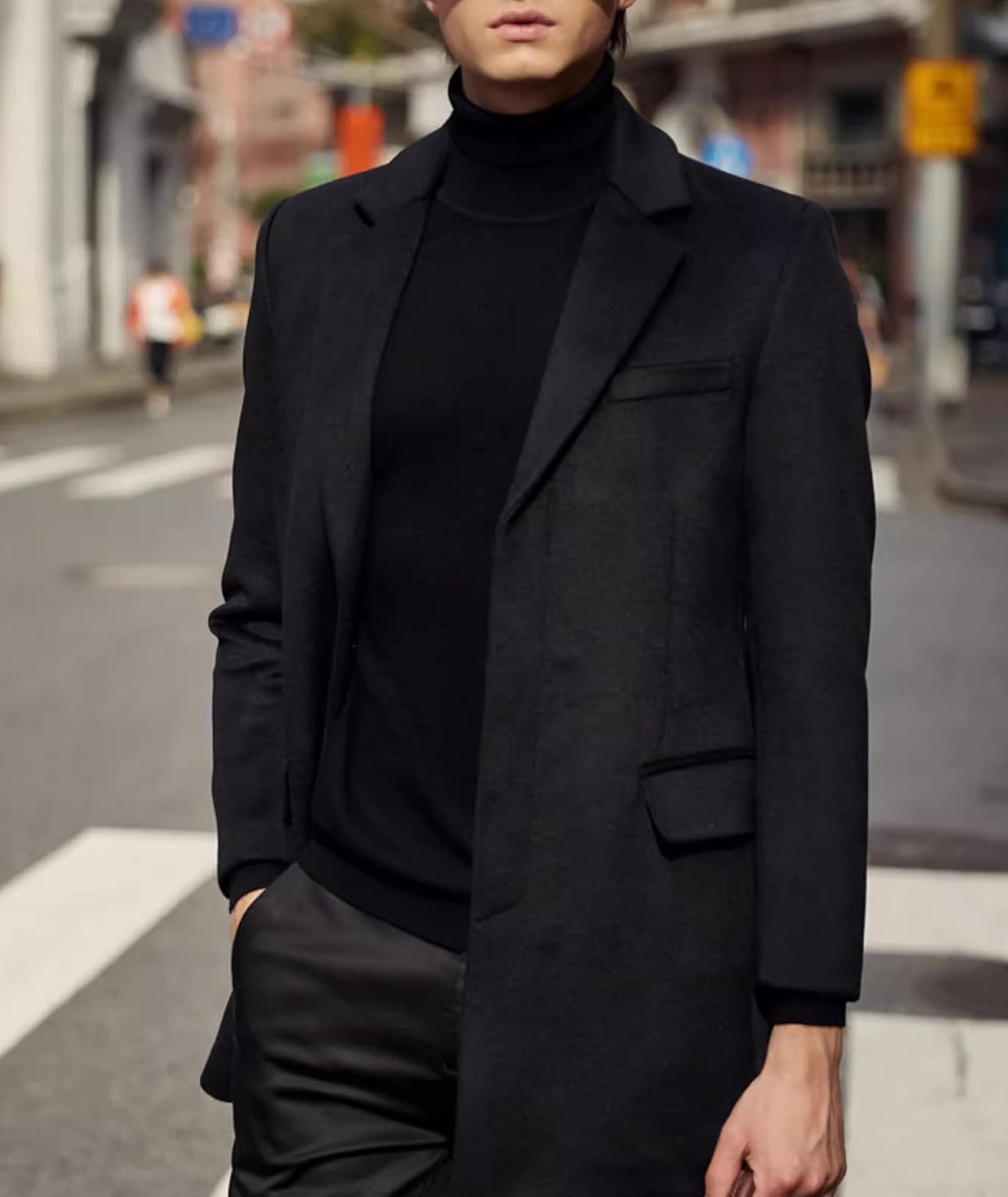 SOMTHRON Men's Mid Long Trench Coat Single Breasted Notched Collar Slim Fit Peacoat Winter Jacket Overcoat - Image 5