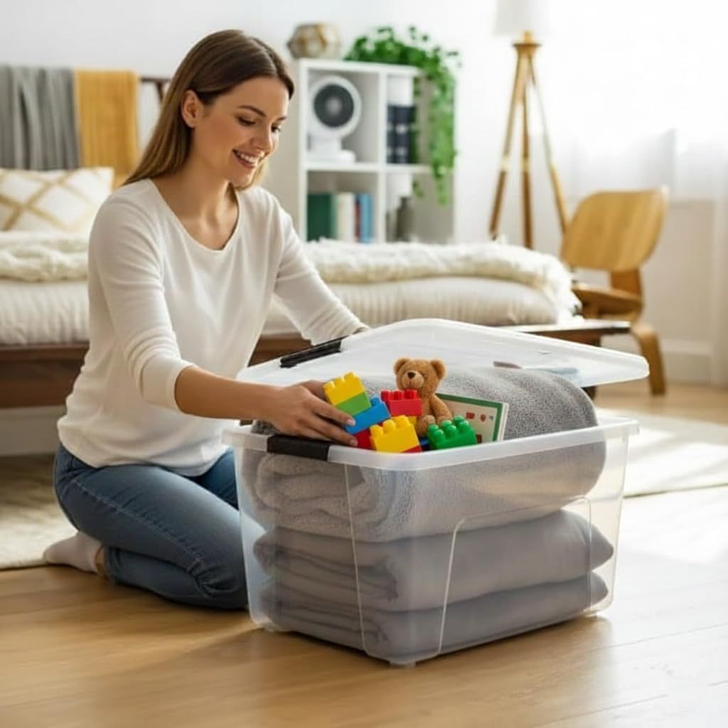 (2 pack 60 Qt. Clear Plastic Storage Bins with Latching Lids – 22” x 16” x 12” Stackable Storage Containers for Home, Garage, Closet & Office Organization