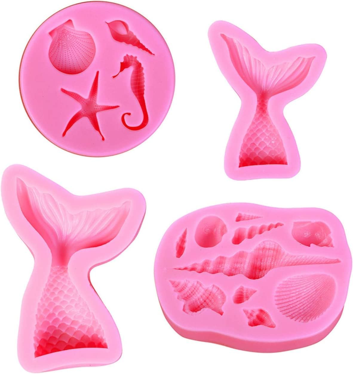Milcraft Mermaid Silicone Mold Set Including Mermaid Tails Molds (Large+Small)+Seashell Mold+Starfish Seamaster Mold Silicone Fondant Mold for Decorating Cakes Chocolate Candy Cupcake (4pack)