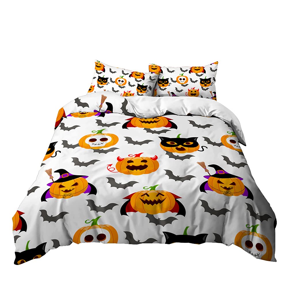 Meiju-Shop Men's Pumpkin Meiju Duvet Cover Set 3 Piece For Single Double Super King Size Bed, 3D Halloween Printed Bedding Set Microfibre Bed Set With Quilt Case And Pillowcases 50X75cm (,135X200cm)