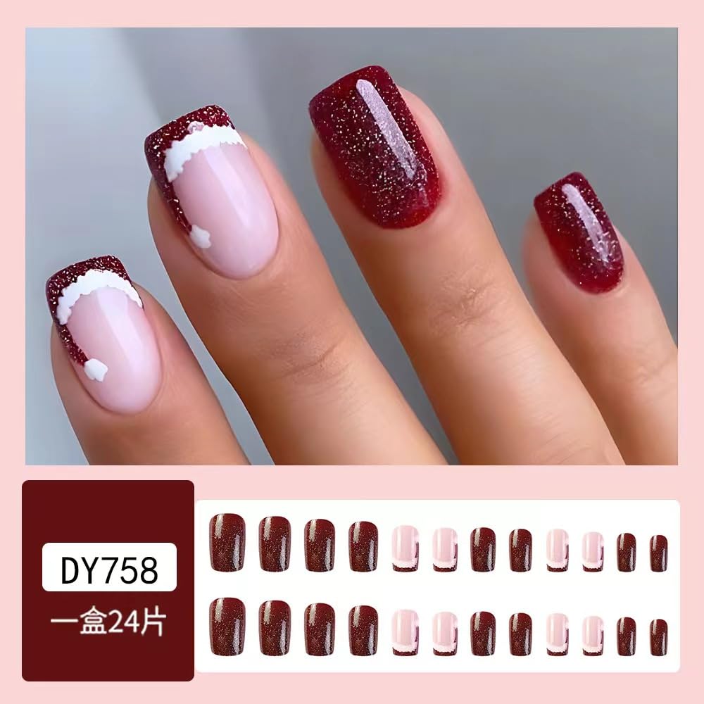 christmas press on nails medium square fake nails wine red false nails with glitter design christmas hat french tip glue on nail glossy full cover acrylic nude stick on nail for women manicure style04 christmas short