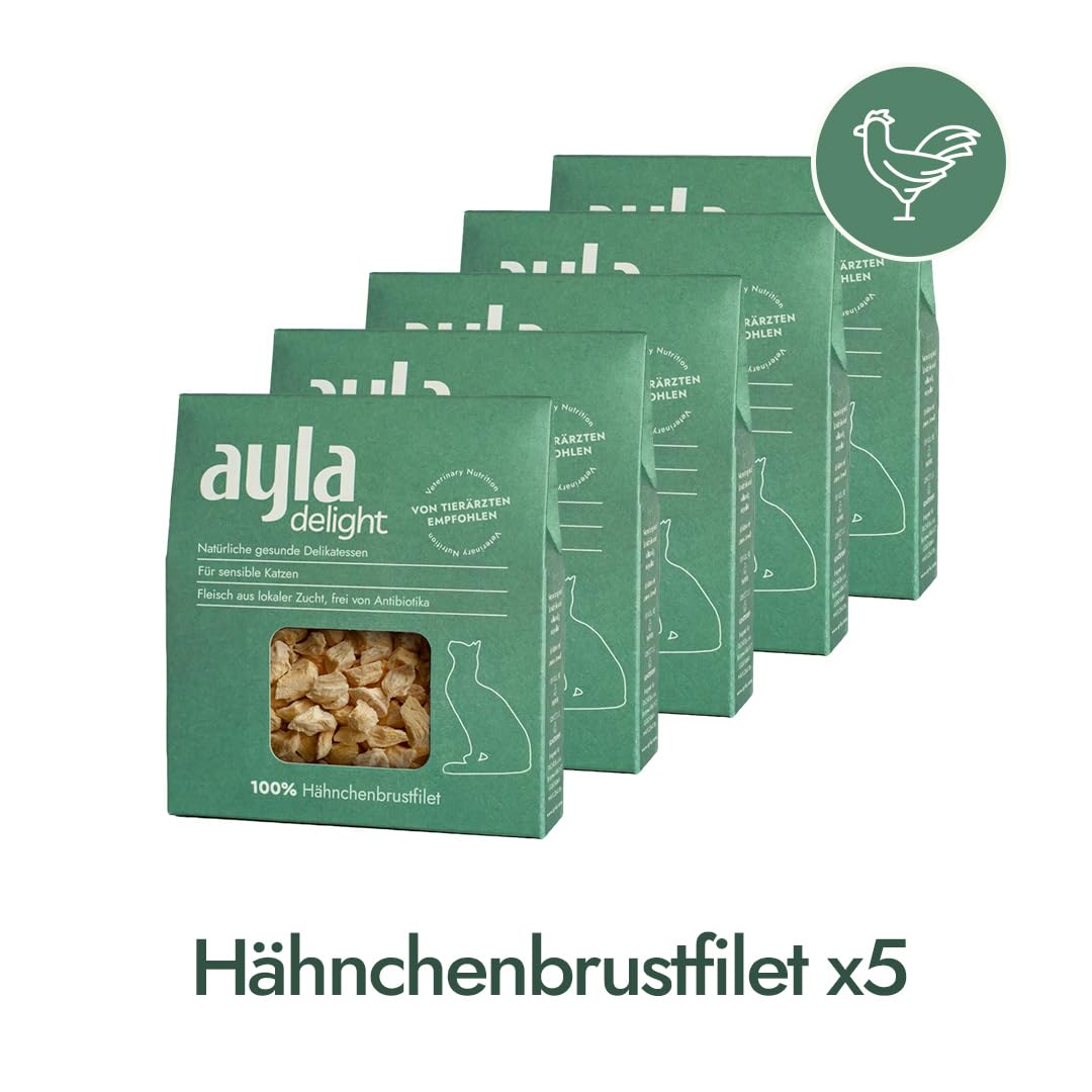 AYLA Premium Gefriergetrocknetes | 5X Bundle Proteinreiches Katzenleckerlis | Vital-Booster für Fell & Muskulatur | Für Kitten & Erwachsene Katzen (140g, Hühnerbrust-Filet)