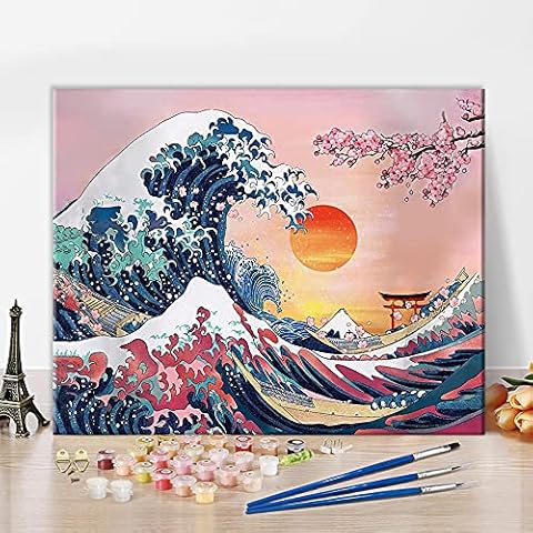 TISHIRON DIY Paint by Numbers Ocean Kanagawa Waves Sunset Great Wave with Paint Brushes and Acrylic Painting Kit 16x20 Inch for Kids and Adults Beginner Gifts Frameless Cover