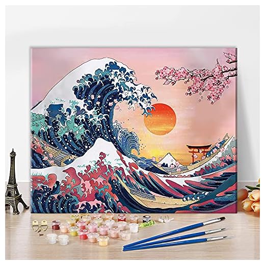 TISHIRON Dipingere con i numeri, per bambini, adulti, principianti, fai da te con numeri, Kanagawa onda, dipinta a mano, pittura a olio per la casa, 50 x 40 cm
