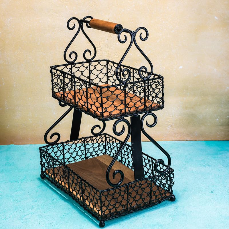 Image of Vintage Charm 2-Tier Fruit & Vegetable Basket | Acacia Wood & Iron Storage Organizer with Wooden Handle | Multipurpose Countertop Basket for Fruits, Vegetables, Bread & Pantry Storage