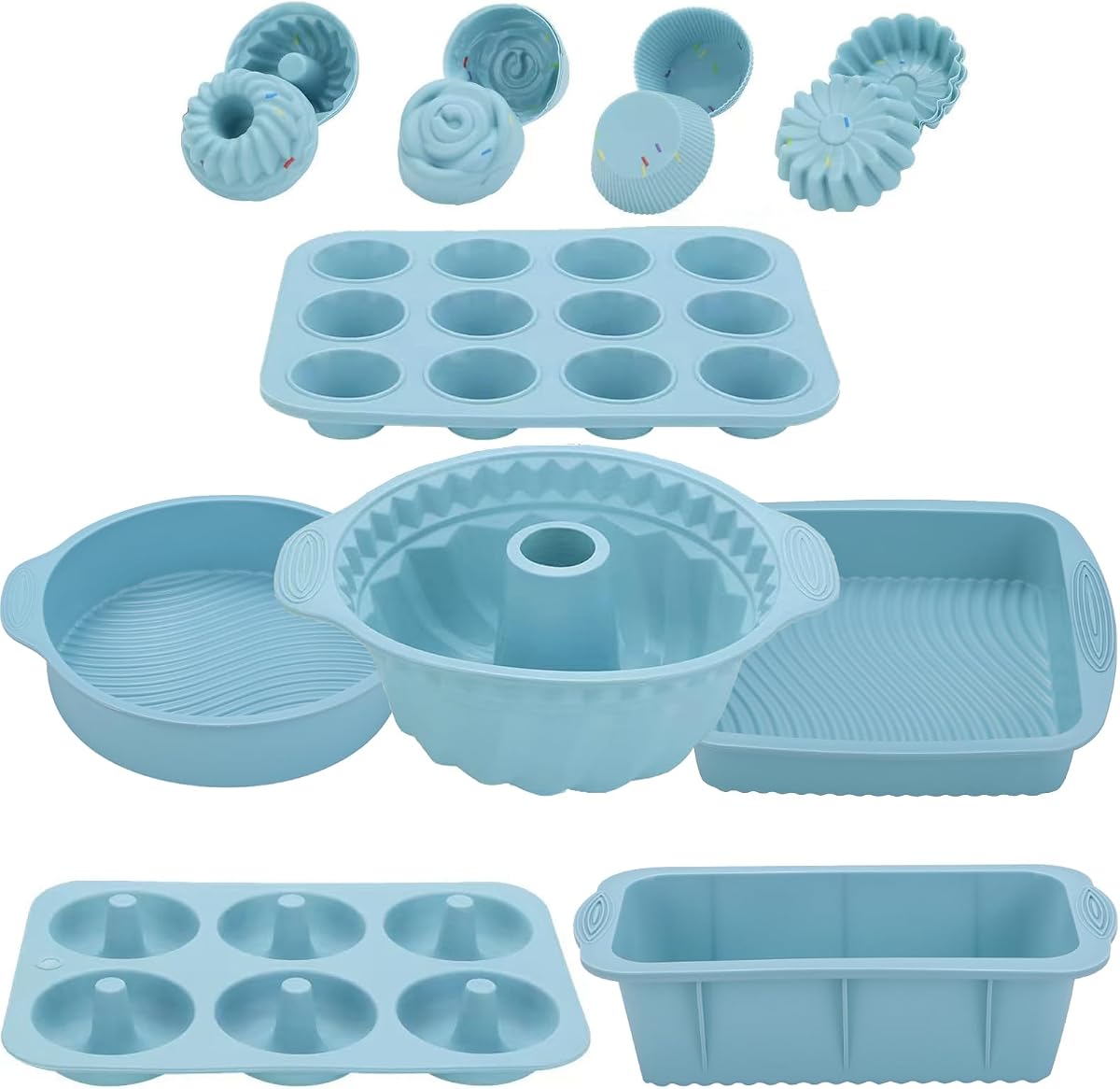 30PCS Nonstick Silicone baking set,Silicone Cake Molds, Baking Sheet, Donut Pan for baking sets with 24 Pack Cupcake Mold Baking Cups