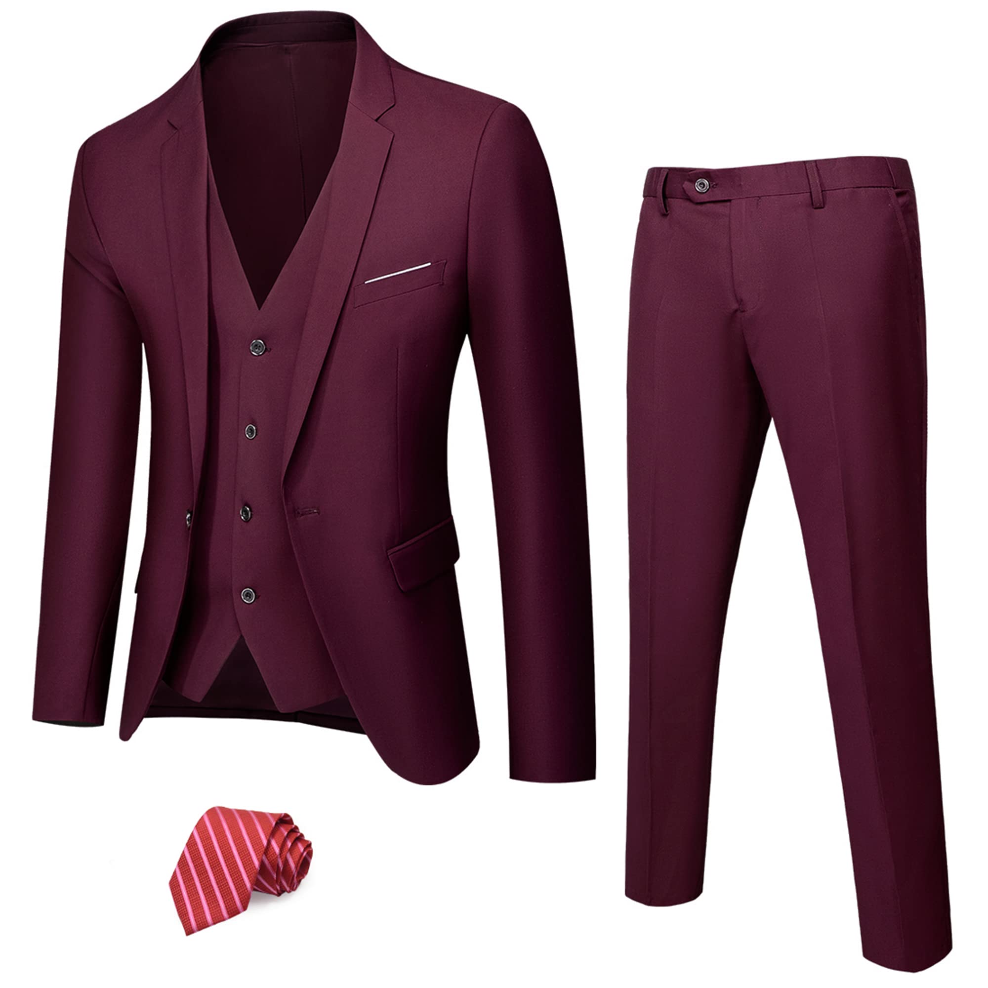 MY'SMen's 3 Piece Solid Suit Set, One Button Slim Fit Jacket Vest Pants with Tie