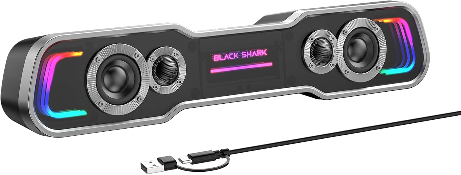 Black Shark Bluetooth Computer Speakers for Desktop, Dynamic Multi-Layer RGB Lighting Gaming PC Speaker with Deep Bass, USB C/USB Powered Sound-bar for Computer Desktop PC Monitor Laptop (BS-SP1)