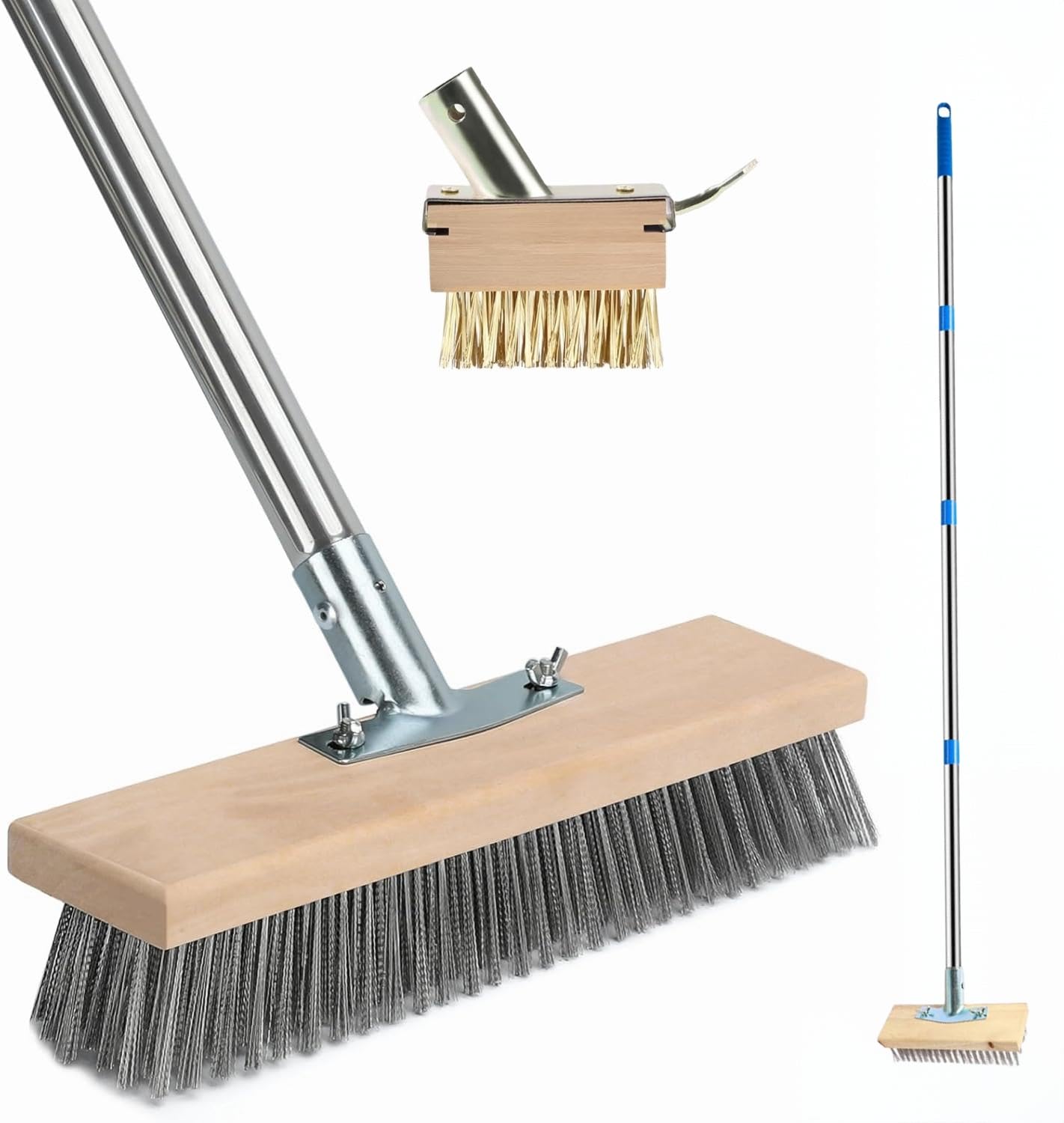 Lot de 2 balais métalliques avec manche - 160 cm - Pour désherbeur de mousse - En acier - 2 têtes de brosse en fil métallique avec grattoir - Robuste - 30 cm - Pour mousse, jardin, terrasse, terrasse