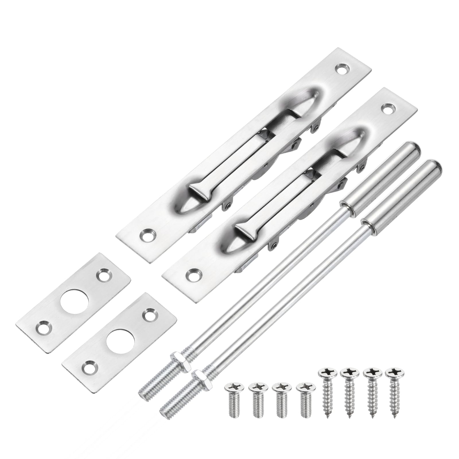 sourcing map 2 Pack Extension Flush Bolt with Rod, 8 Inch Stainless Steel Door Flush Bolt Latch Concealed Security Door Lock for Double French Doors, Composite, Wood Doors, Silver